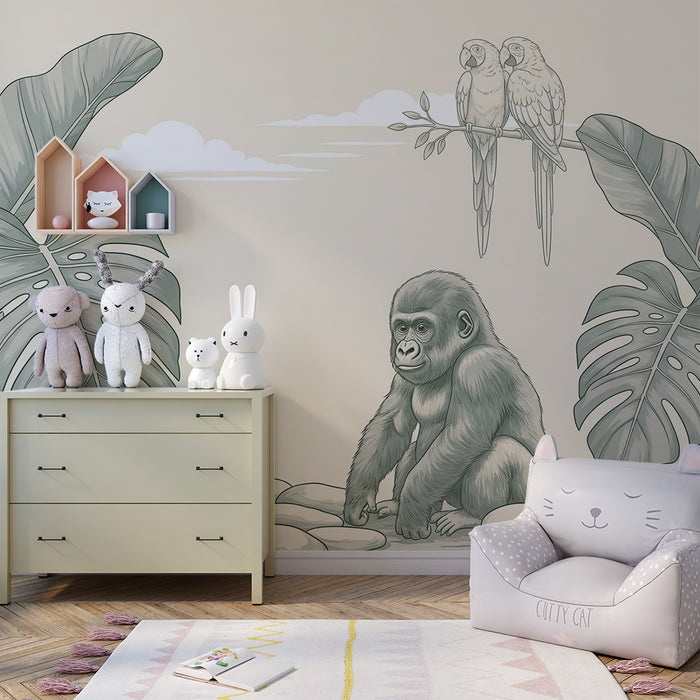 Papier peint chambre enfant | Gorille curieux et jungle tropicale en nuances de vert