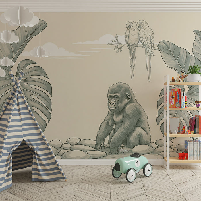 Papier peint chambre enfant | Gorille curieux et jungle tropicale en nuances de vert