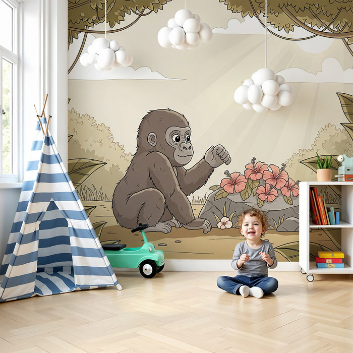 Children's bedroom wallpaper | Curious gorilla among tropical flowers
