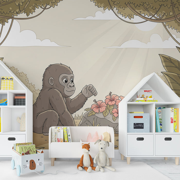 Children's bedroom wallpaper | Curious gorilla among tropical flowers