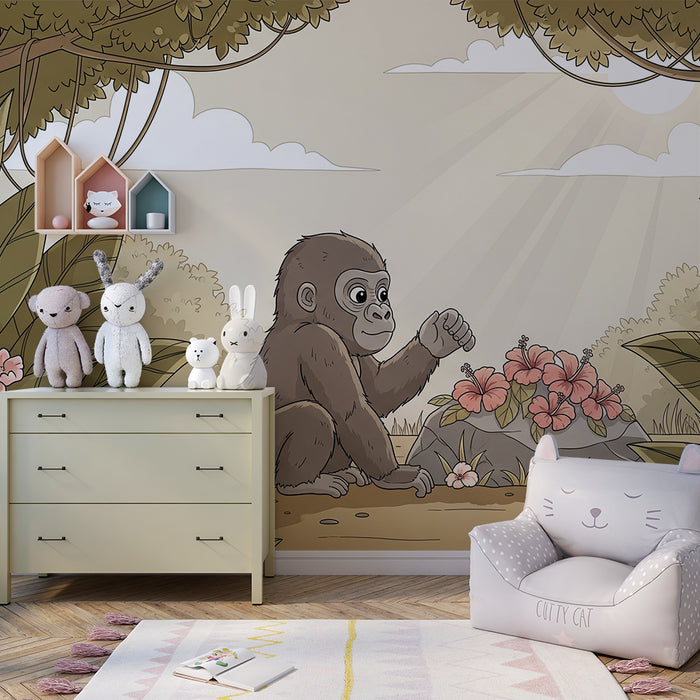 Children's bedroom wallpaper | Curious gorilla among tropical flowers