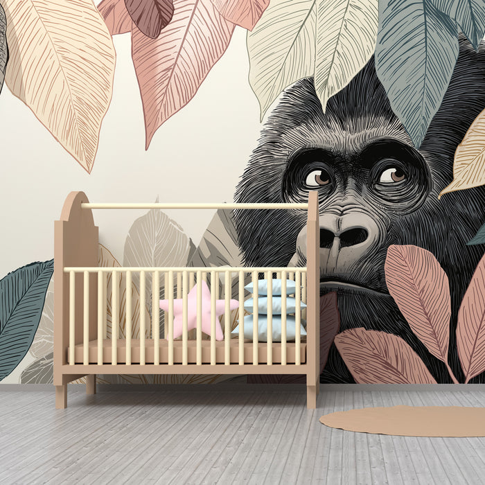 Kids room wallpaper | Opice v džungli s pestře barevnými listy