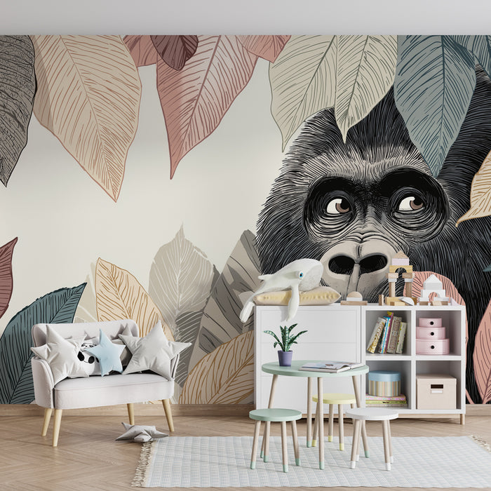 Kids room wallpaper | Opice v džungli s pestře barevnými listy