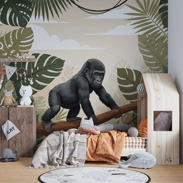 Gyerekszoba tapéta | Játékos gorilla a buja dzsungelben