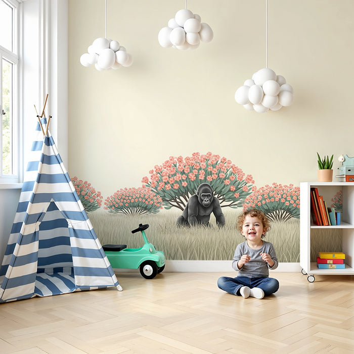 Papier peint chambre enfant | Gorille majestueux au milieu d'un paysage floral apaisant