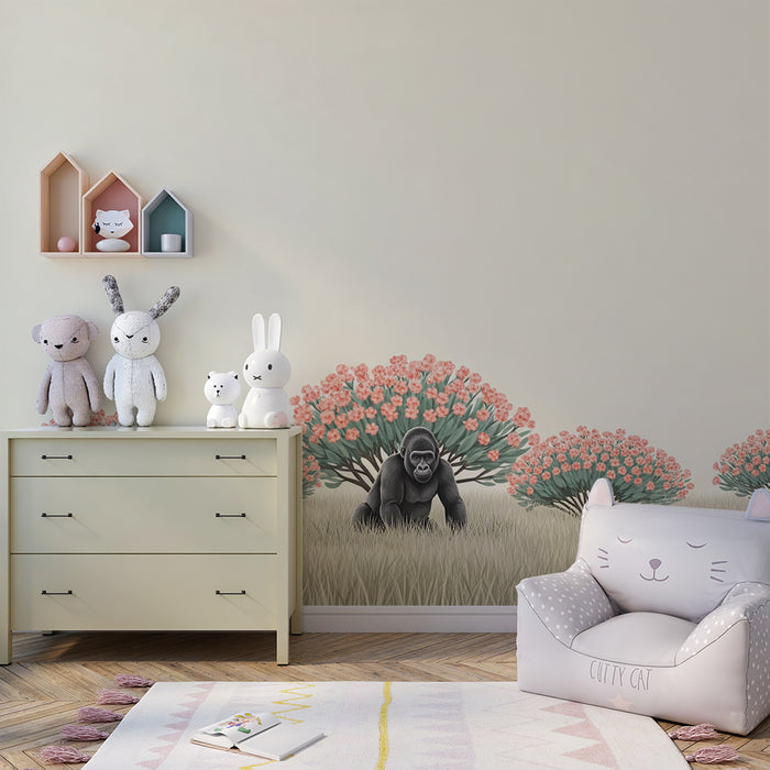 Papier peint chambre enfant | Gorille majestueux au milieu d'un paysage floral apaisant