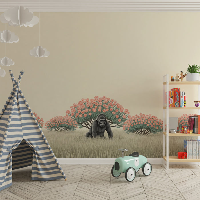 Papier peint chambre enfant | Gorille majestueux au milieu d'un paysage floral apaisant