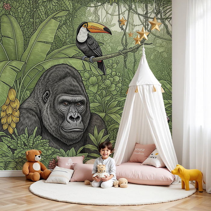 Børneværelse tapet | Majestætisk gorilla og flamingoer i en frodig jungle