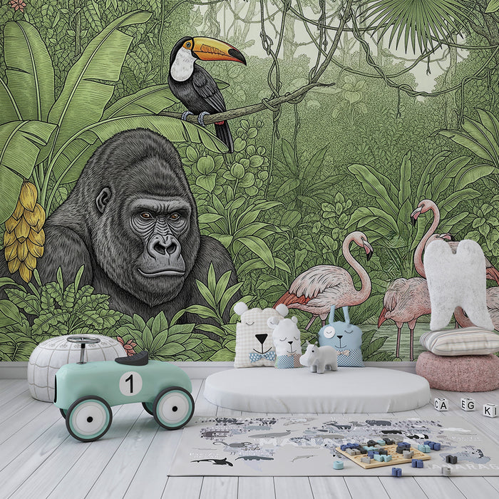 Børneværelse tapet | Majestætisk gorilla og flamingoer i en frodig jungle