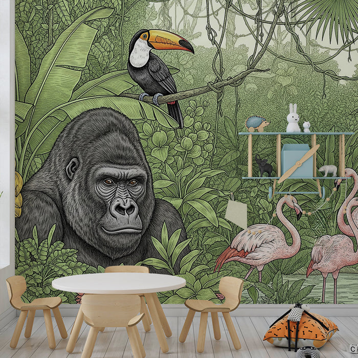 Børneværelse tapet | Majestætisk gorilla og flamingoer i en frodig jungle