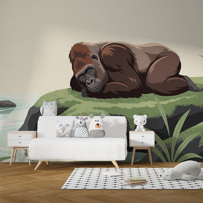 Tapeta do pokoju dziecięcego | Spokojny goryl nad wodą