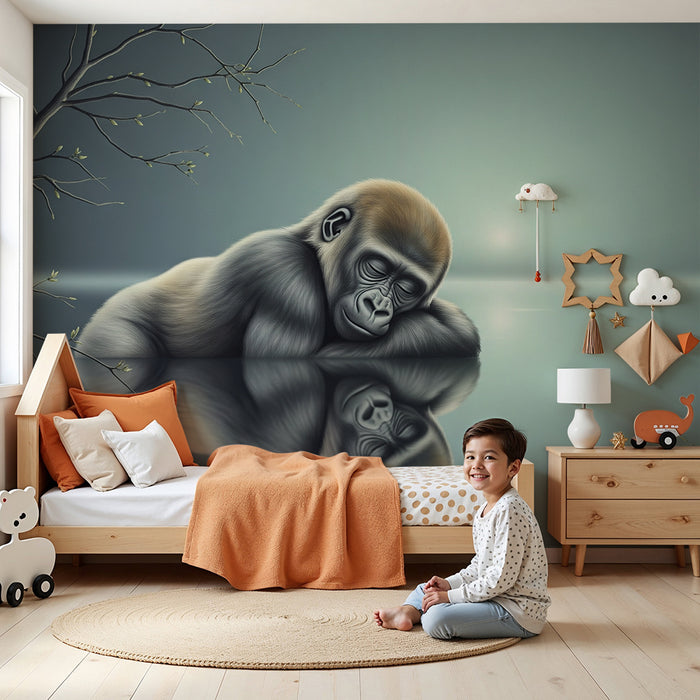 Børneværelses tapet | Rolig gorilla ved vandet med refleksion