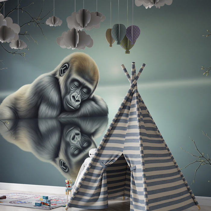 Børneværelses tapet | Rolig gorilla ved vandet med refleksion