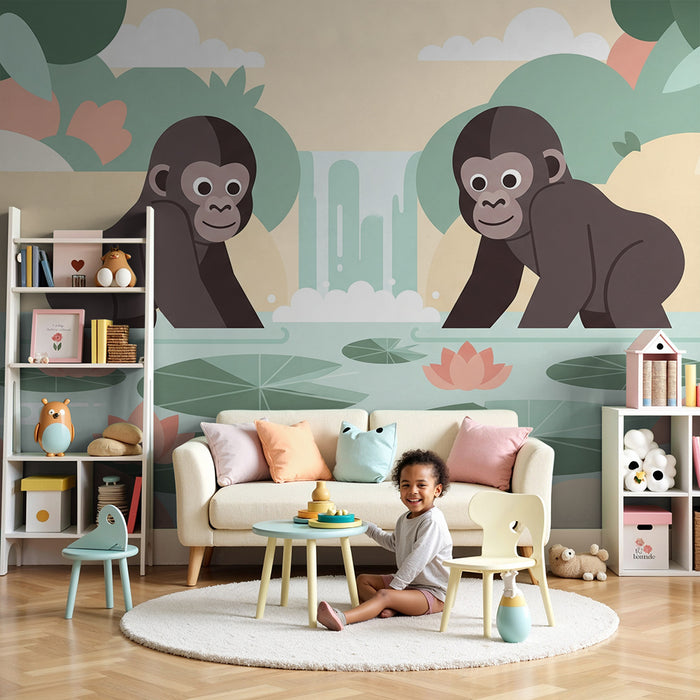 Carta da parati per camera bambini | Gorilla divertenti sull’orlo di uno stagno con ninfee