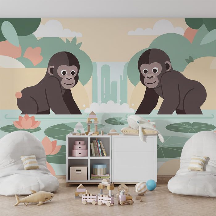 Carta da parati per camera bambini | Gorilla divertenti sull’orlo di uno stagno con ninfee