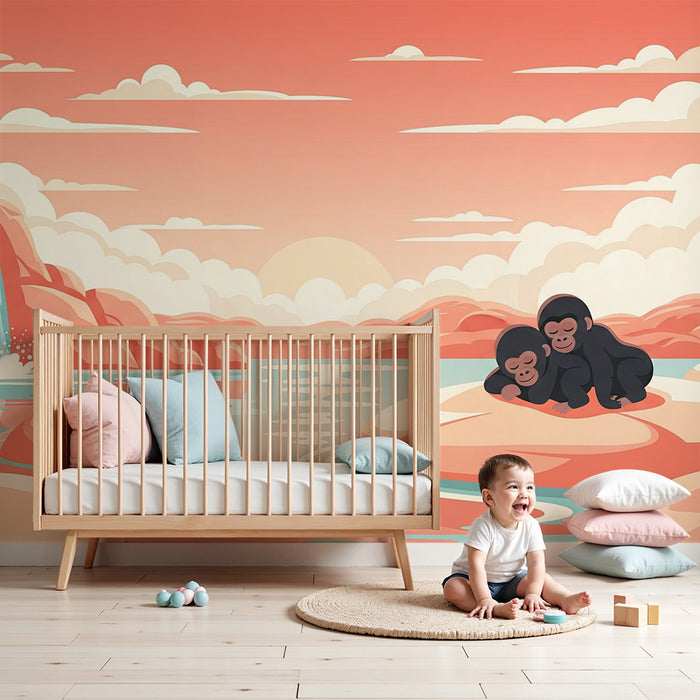 Children's bedroom wallpaper | Cuddly gorillas by a peaceful river
