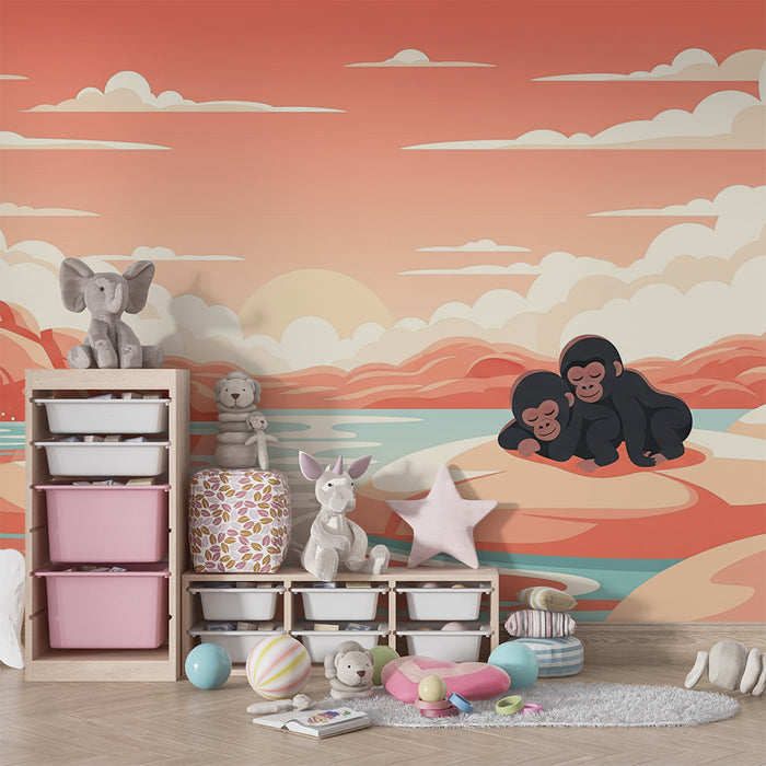 Children's bedroom wallpaper | Cuddly gorillas by a peaceful river