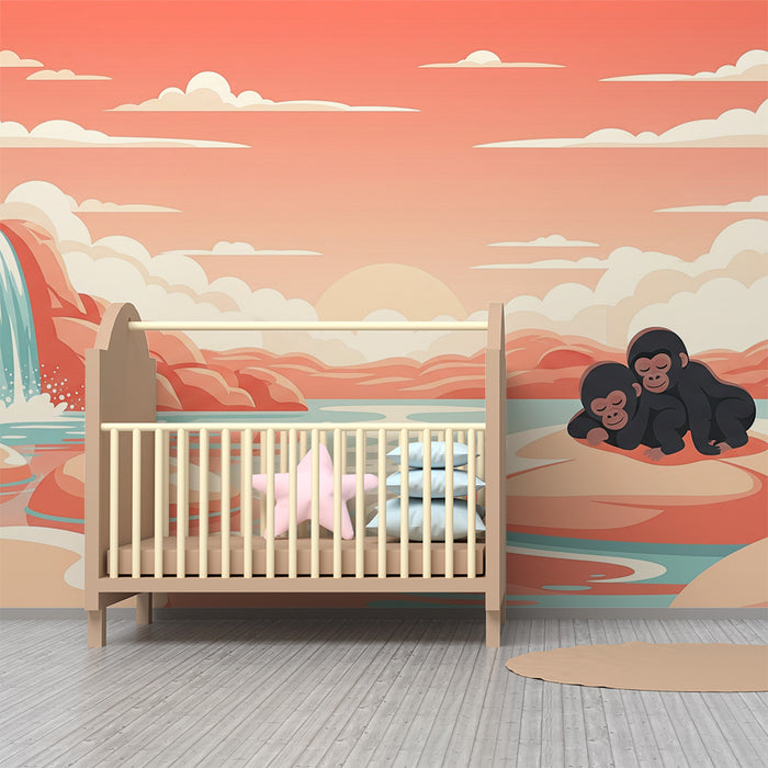 Children's bedroom wallpaper | Cuddly gorillas by a peaceful river