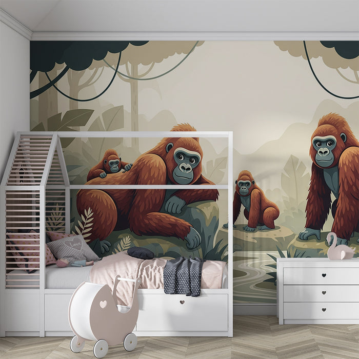 Gyerekszoba tapéta | Gorillák a dzsungelben dús lombokkal