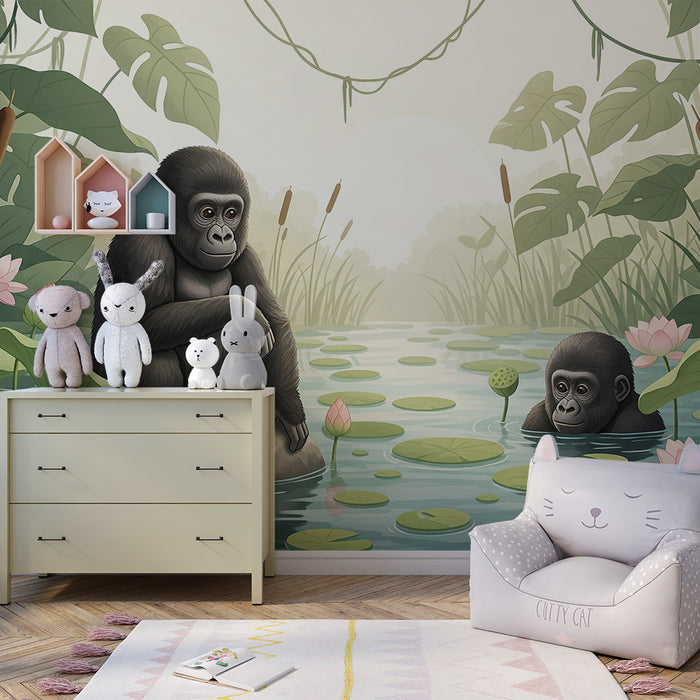 Børnetapet | Gorillaer i et fredfyldt vandlandskab