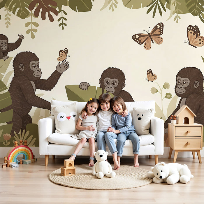 Papier peint chambre enfant | Gorilles espiègles dans une jungle florale