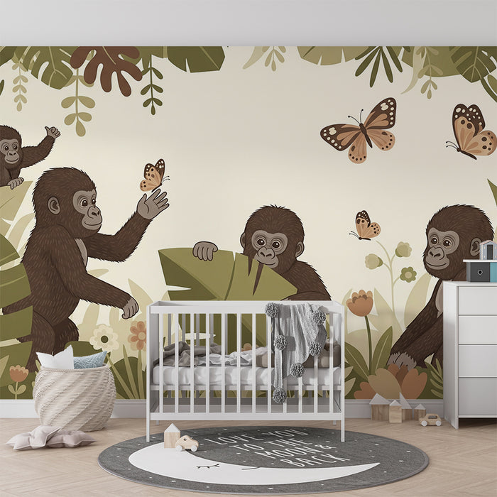 Papier peint chambre enfant | Gorilles espiègles dans une jungle florale