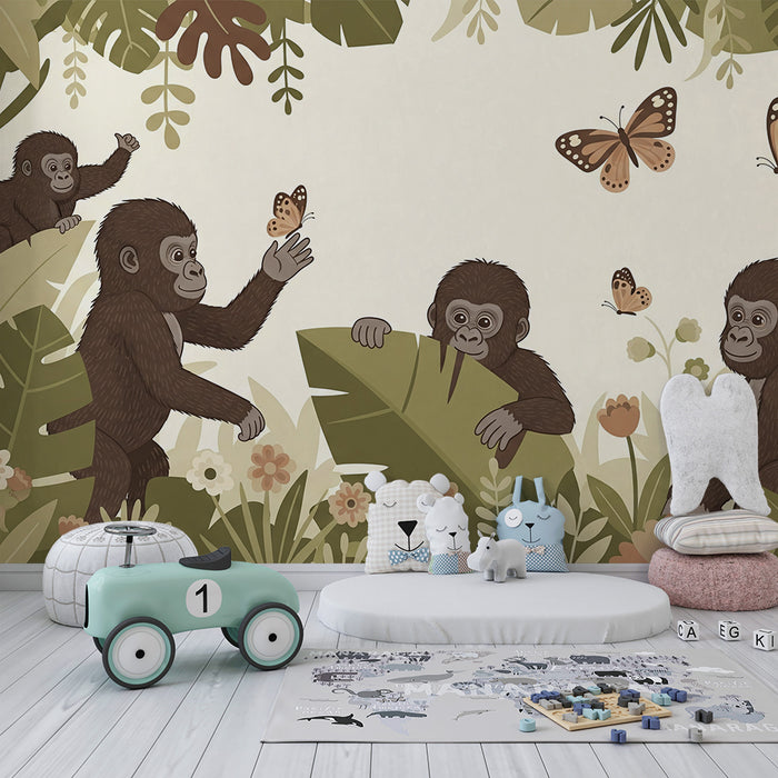 Papier peint chambre enfant | Gorilles espiègles dans une jungle florale