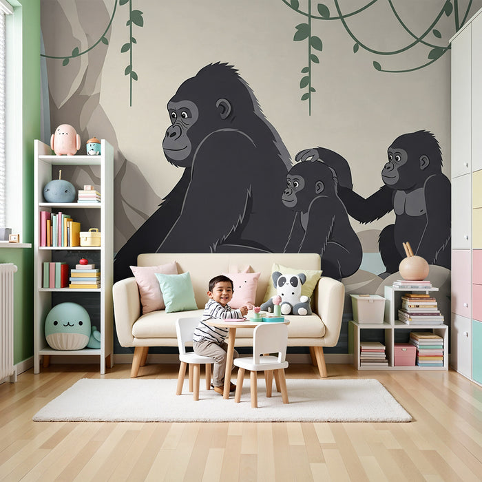 Papel de parede para quarto infantil | Gorilas e cascata num cenário tropical relaxante