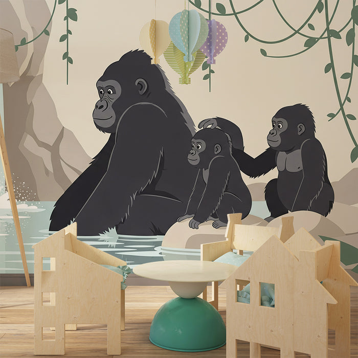 Papel de parede para quarto infantil | Gorilas e cascata num cenário tropical relaxante