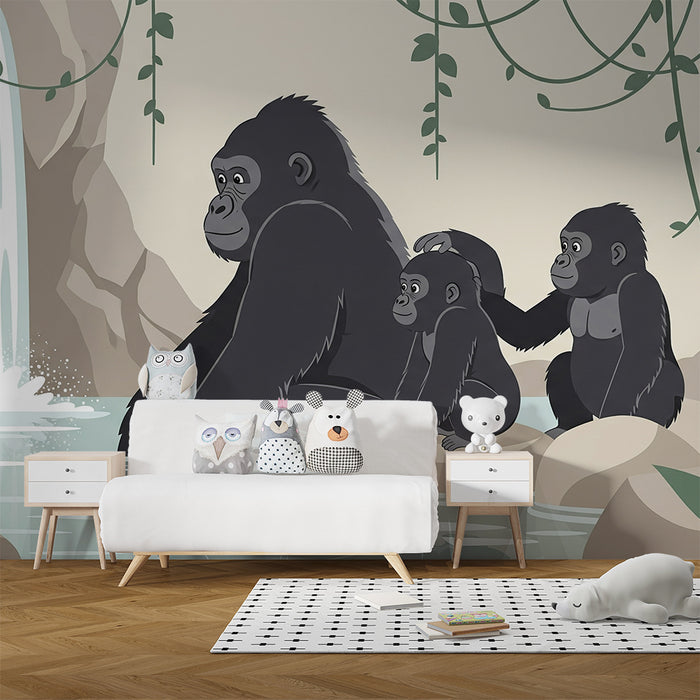 Papel de parede para quarto infantil | Gorilas e cascata num cenário tropical relaxante