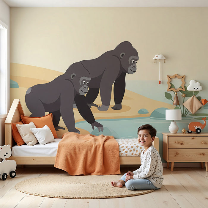 Kinderzimmer Tapete | Gorillas erkunden ein friedliches Ufer