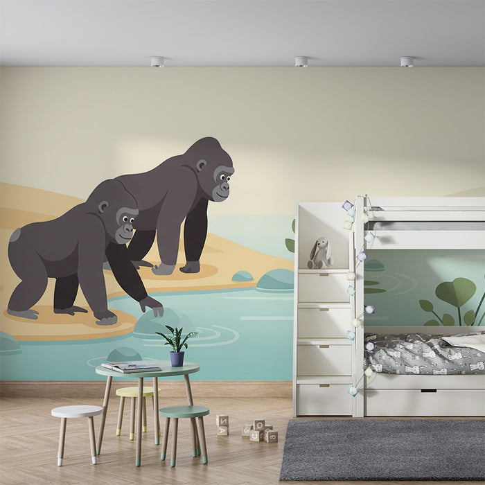 Kinderzimmer Tapete | Gorillas erkunden ein friedliches Ufer