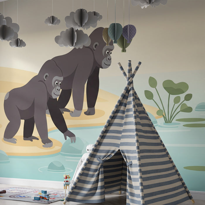 Kinderzimmer Tapete | Gorillas erkunden ein friedliches Ufer
