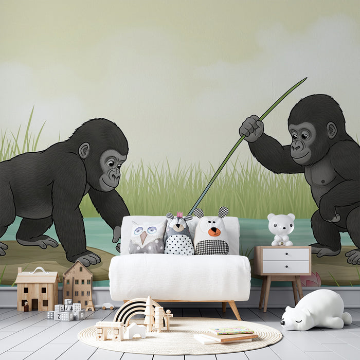 Carta da parati camera bambini | Gorilla giocosi sulla riva dell'acqua con fiori di loto