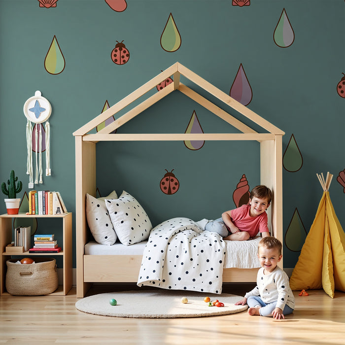 Children's Room Wallpaper | Colorful Drops and Ladybugs on a Watery Background