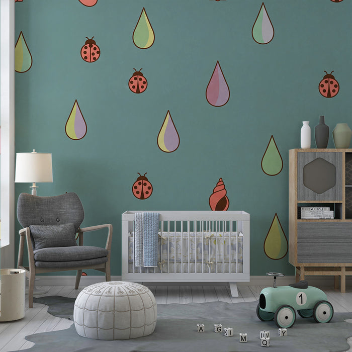 Children's Room Wallpaper | Colorful Drops and Ladybugs on a Watery Background