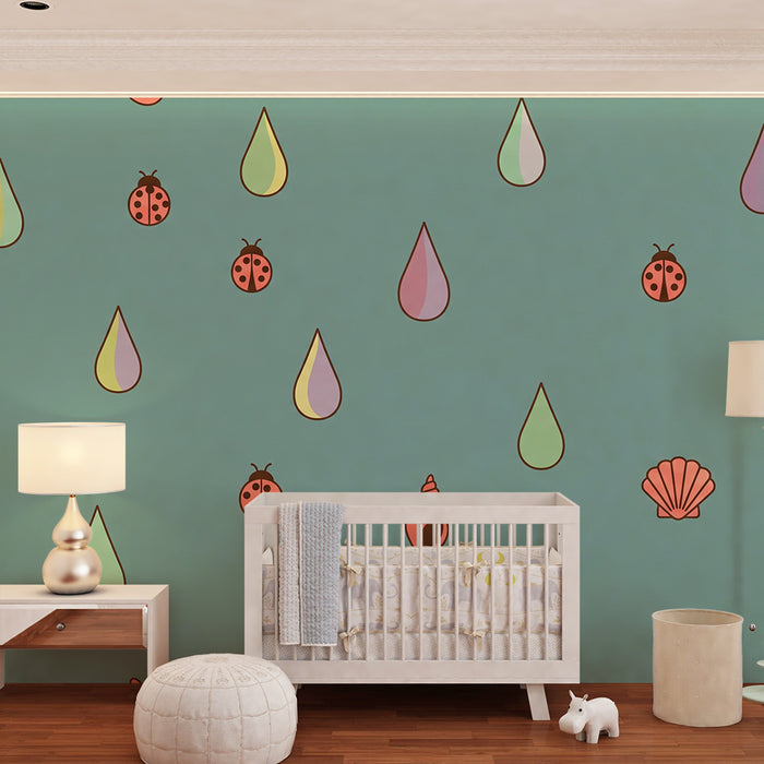 Children's Room Wallpaper | Colorful Drops and Ladybugs on a Watery Background