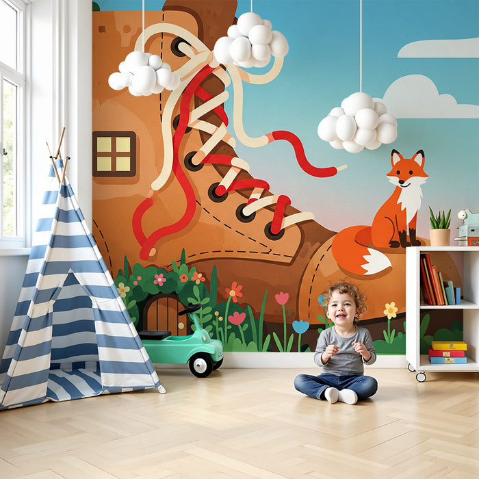 Children's Room Wallpaper | Magical Giant Boot with Fox and Colorful Flowers