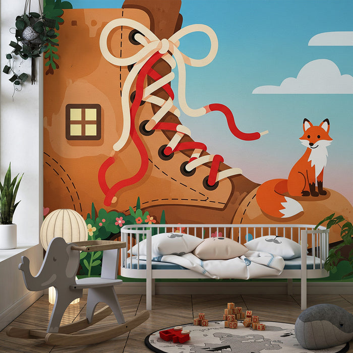 Children's Room Wallpaper | Magical Giant Boot with Fox and Colorful Flowers