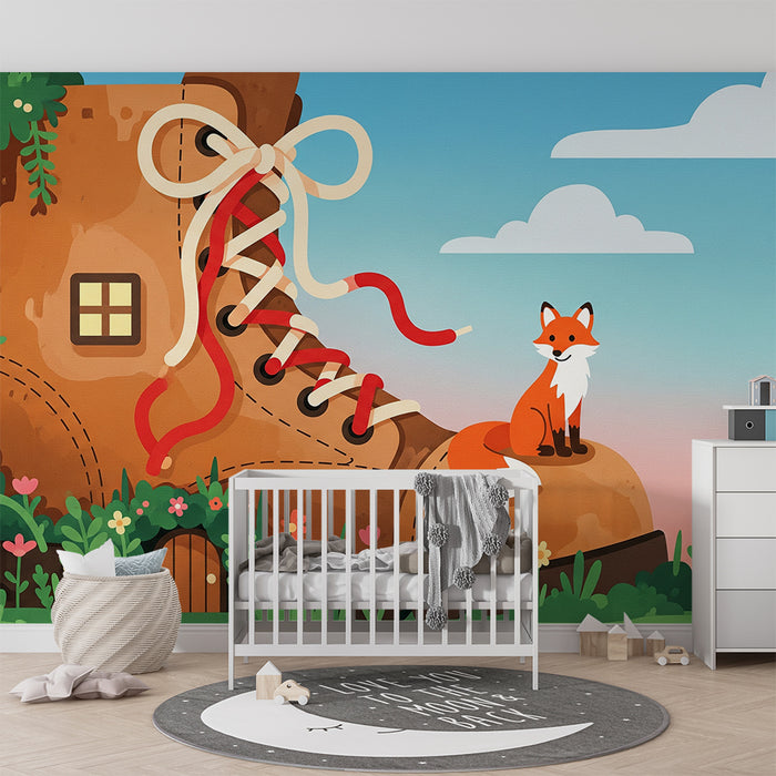 Children's Room Wallpaper | Magical Giant Boot with Fox and Colorful Flowers
