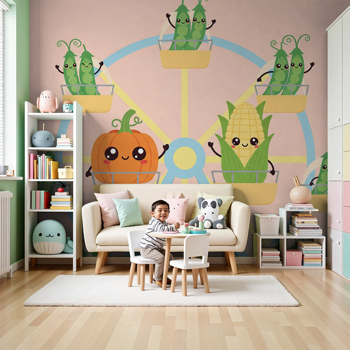Children's Room Wallpaper | Fun Ferris Wheel with Smiling Vegetables