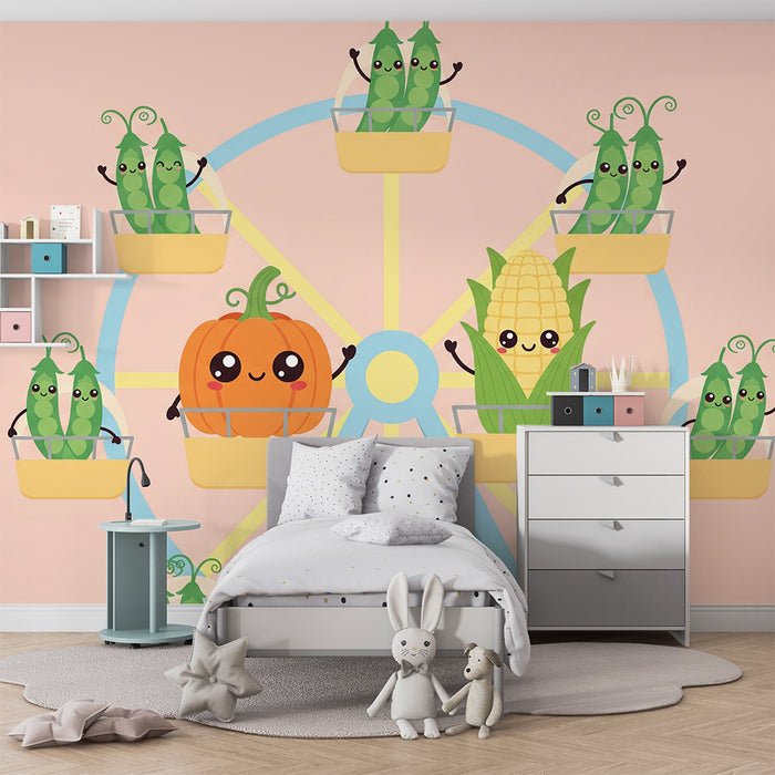 Children's Room Wallpaper | Fun Ferris Wheel with Smiling Vegetables
