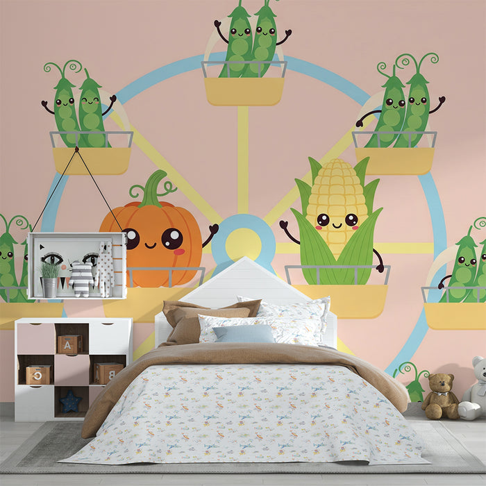 Children's Room Wallpaper | Fun Ferris Wheel with Smiling Vegetables