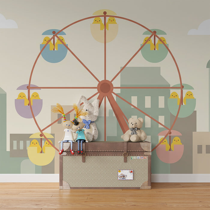 Papel de parede para quarto de criança | Roda-gigante colorida com patinhos alegres