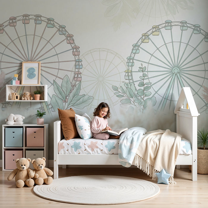 Kids room wallpaper | Large colorful ferris wheel surrounded by delicate foliage