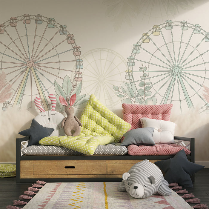 Kids room wallpaper | Large colorful ferris wheel surrounded by delicate foliage
