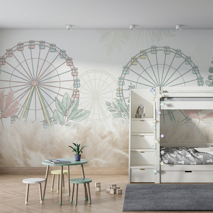 Kids room wallpaper | Large colorful ferris wheel surrounded by delicate foliage