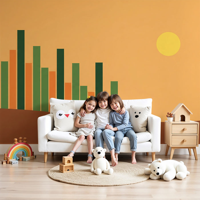 Kids room wallpaper | Colorful graphics with bars and a warm sun