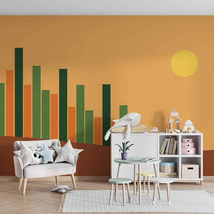 Kids room wallpaper | Colorful graphics with bars and a warm sun