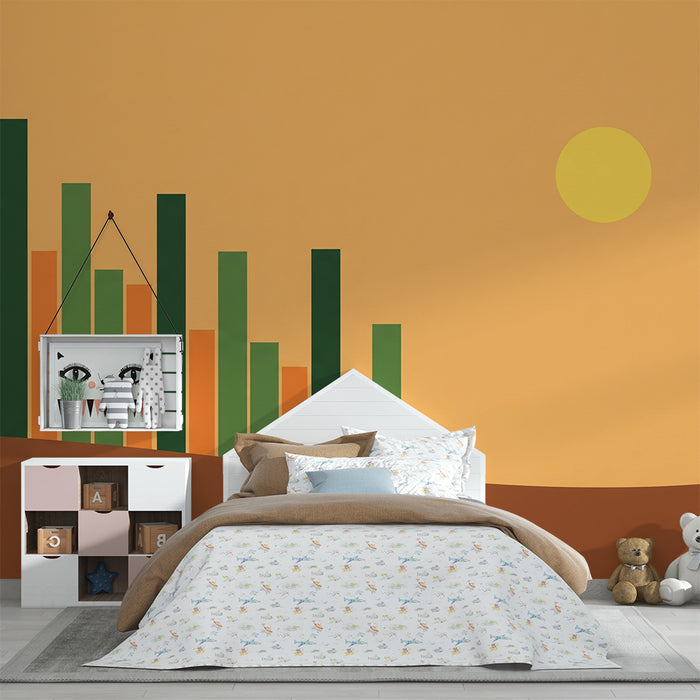 Kids room wallpaper | Colorful graphics with bars and a warm sun